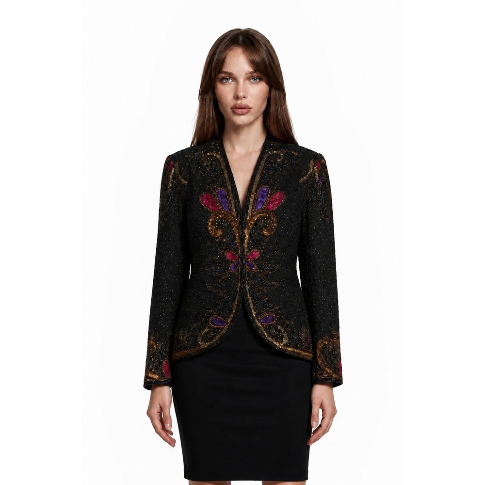 Vintage 100% Silk Beaded Jacket Women's Size Medium Butterfly Evening Bolero 80s